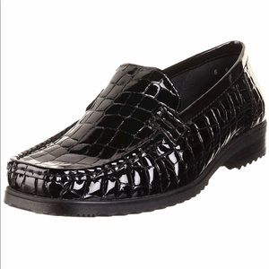 Black patent leather faux croc Portland loafer.